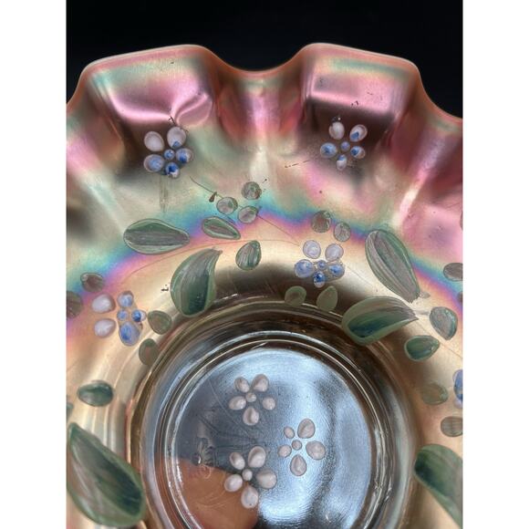 Antique Dugan Enameled Single Flower Opalescent Peach Carnival Glass Bowl 9” - Picture 11 of 11